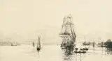British, shipping off a coast by Harold Wyllie, etching, sold Jan 2023