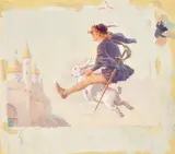 British, A fairy tale scene of a young knight flying through the air, riding a rabbit towards a castle by Percy Tarrant, oil on board, sold Jan 2023