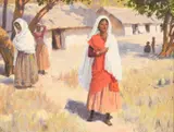 British, A pair of Eastern scenes, village women outside huts, oils on canvas, one signed, both 4.5" x 5.75 by Percy Tarrant, oil, sold Jan 2023