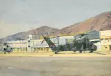 British, A helicopter grounded at an air base by Ken Howard, watercolour, offered Jan 2023
