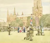 British, A gathering of armed forces and clergy by Ken Howard, watercolour, offered Jan 2023