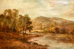 British, A Welsh River view with figures on the bank by Henry Cooper, 1921, oil on canvas, sold Jan 2023