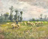 French, a shepherd and his flock at daybreak by Auguste Prévot-Valéri, oil on canvas, sold Jan 2023