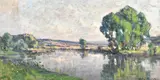 French, a river landscape approaching dusk by André Prevot-Valeri, oil on canvas, sold Jan 2023