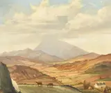 A valley with cattle and distant hills by Ralph Ellis, 1962, oil on canvas, sold Jan 2023