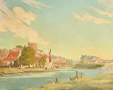 A river running through a hamlet with a moored sailing boat by George Keith de Blois Middlecoat, oil on canvas, offered Jan 2023