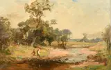 Scottish, figures crossing a river by George Whitton Johnstone, oil on canvas, sold Jan 2023