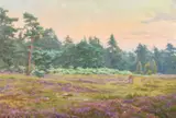 British, figures in a field of heather at dusk by Charles Ernest Butler, oil on board, sold Jan 2023