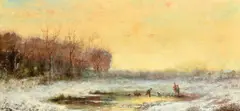 American, A Winter landscape with snow on the ground and children playing by J. C. Thom, oil on panel, offered Jan 2023