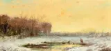American, A Winter landscape with snow on the ground and children playing by J. C. Thom, oil on panel, offered Jan 2023