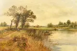 British, A river landscape in summer with figures on a path and hay makers with a horse and cart, a church and houses on the far bank, possibly Amberly, Sussex by Henry John Kinnaird, oil on board, sold Jan 2023