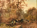British, A wooded landscape with two figures standing a rocky stream catching fish by Thomas Creswick, oil on board, offered Jan 2023