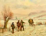 German, A shooting party in a snowy landscape on the edge of a village by Adolf Rheiert, oil on board, offered Jan 2023