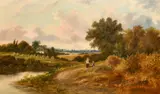 British, female figures resting by a riverside pathway by James Edwin Meadows, 1863, oil on canvas, offered Jan 2023