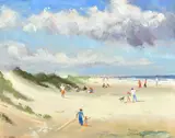 A summer beach scene with families near sand dunes by Roy P, oil on canvas, sold Jan 2023