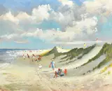 A summer beach scene with families picnicking and a couple walking a dog near sand dunes by Roy P, oil on canvas, sold Jan 2023