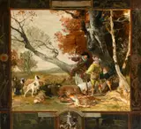 German, a scene of hunters with their prey set within a border of hunting trophies and Diana, the goddess of hunting by Friederich Von Kaulbach, 1889, oil on board, offered Jan 2023