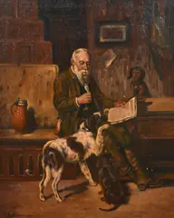 German, a gentleman reading a paper surrounded by his canine companions by Friedrich Kottmann, oil on canvas, offered Jan 2023