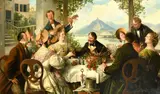 Danish, elegant figures drinking a toast on a vine-covered balcony overlooking a mountain lake by Hans August Lassen, 1909, oil on canvas, sold Jan 2023