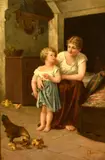 Italian, a mother and child in a cottage interior with chickens feeding on the floor by T. Molino, oil on canvas, offered Jan 2023