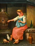Italian, A woman seated on a stone ledge feeding chickens by V. Cappa, oil on canvas, sold Jan 2023