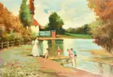 Spanish, A mother and children playing by the edge of a river by J. Giralt Lerin, oil on canvas, sold Jan 2023