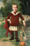 French, a child in a red outfit in a lakeside setting by Edmond-Louis Dupain, 1888, oil on canvas, offered Jan 2023