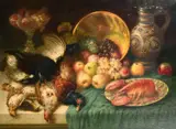A still life of mixed fruit, dead game, and a lobster on a plate, along with a jug, a bowl and a glass fruit bowl by Josef Dederichs, oil on canvas, sold Jan 2023