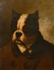 Belgium, a pair of oil on mahogany panel paintings of dogs, one smoking a pipe, one signed, each 15" x 11.5" (38 x 29.5cm), (2) by Edmond Van der Meulen, oil, sold Jan 2023
