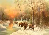German School, wild boar gathered along the edge of a stream in a snowy winter landscape by W. von Kamp, oil on canvas, offered Jan 2023