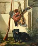 German School, a proud Dachshund standing beneath the day's bag by Ernst Dreffer, oil on canvas, offered Jan 2023