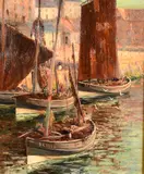 British, traditional Northeast fishing vessels in Berwick on Tweed by H.L. Robinson, oil on canvas, offered Jan 2023