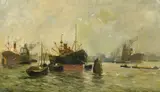 British, Newcastle Docks, circa 1935 by Thomas Madawaska Hemy, oil on canvas, sold Jan 2023