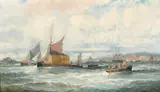 Sailing boats, a tall ship, paddle steamer and a hay barge in choppy seas off the coast by William George Thornley, oil on canvas, sold Jan 2023