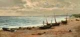 British, fishing boats moored along a beach with figures in the distance by Albert Hodder, 1877, oil on canvas, offered Jan 2023