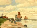 German, figures on a beach with barges moored close by by Adolf Hilgers, oil on canvas, offered Jan 2023
