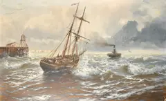 Boats leaving Dover in lively waters by Edward Henry Eugene Fletcher, oil on canvas, sold Jan 2023