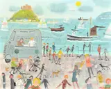 A busy day along the coastal walkway with figures and dogs near the Tinbox mobile caf by Alan Furneaux, oil on canvas, offered Jan 2023