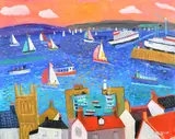 Newlyn harbour from the rooftops with sailing boats and shipping beyond by Alan Furneaux, oil on card, offered Jan 2023