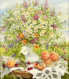 Russian, a still life of wildflowers and fruit by Lidya Datsenko, oil on canvas, sold Jan 2023
