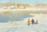 Russian, children playing in snow at the edge of a lake with ducks close by by Vladimir Gusev, oil on canvas, sold Jan 2023