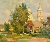 Russian, figures and chickens on the outskirts of a village by Vladimir Gusev, oil on canvas, sold Jan 2023