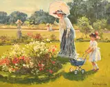 Russian, a mother and child admiring flowers in a park by Jakov Besperstov, oil on canvas, offered Jan 2023