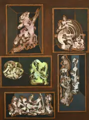 Dutch, A tryptic of abstract forms, oils on board, all signed verso, two are 47.5" x 36 by Robert Floris van Eyck, oil, offered Jan 2023