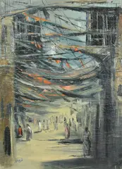 Iraq, Figures on a street covered with bunting and flags by Faraj Abbo, oil on canvas, offered Jan 2023
