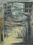 Iraq, Figures on a street covered with bunting and flags by Faraj Abbo, oil on canvas, offered Jan 2023