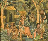 Indonesian, A Balinese scene of figures carrying baskets, tempera on canvas by Nyoman Nampi, oil, offered Jan 2023