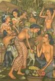 Indonesian, A Balinese village scene with female figures and livestock, tempera on canvas by Nyoman Darmana, oil, sold Jan 2023