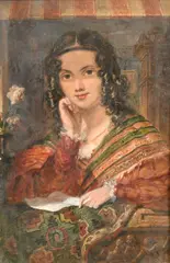 British, a young lady leaning her hand upon her cheek in an open window by George Lance, watercolour, sold Jan 2023
