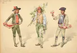 British, a costume study for 3 male flower sellers by William John Charles Pitcher, 1901, watercolour, sold Jan 2023